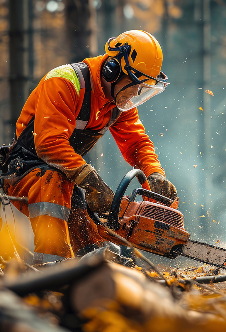 landscaper with chainsaw